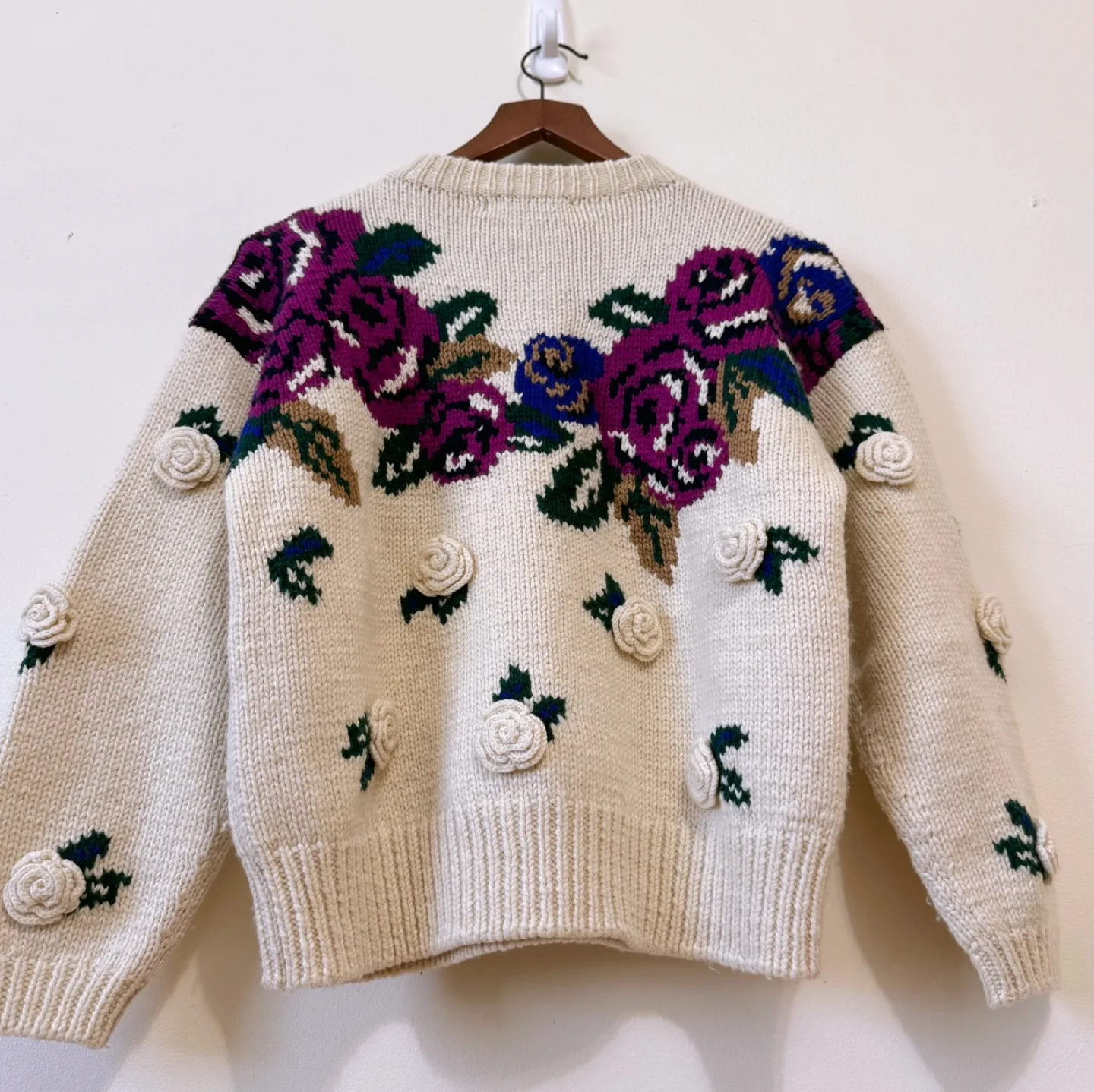 Vintage Ivory & Purple crochet rosettes Knit Sweater image indicator(7)