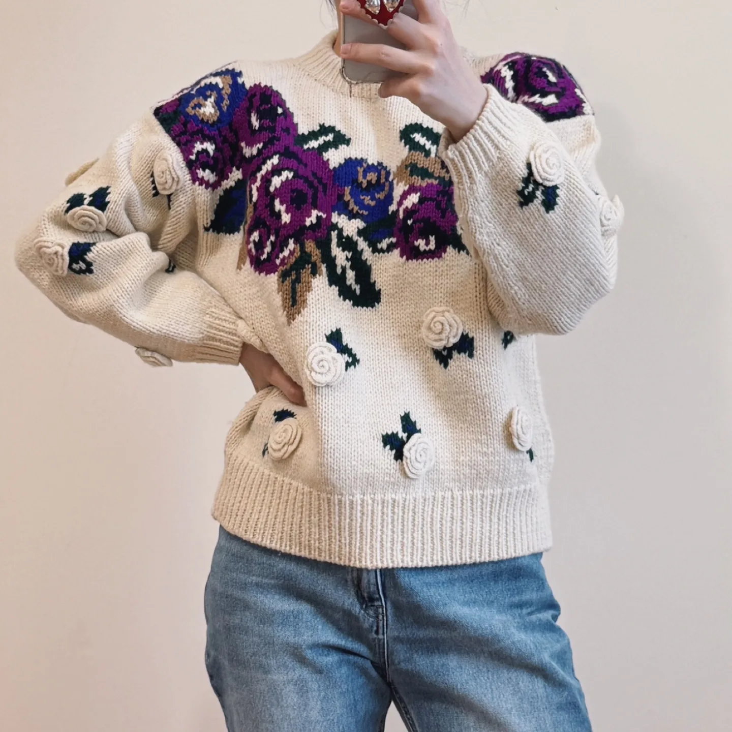 Vintage Ivory & Purple crochet rosettes Knit Sweater image indicator(9)