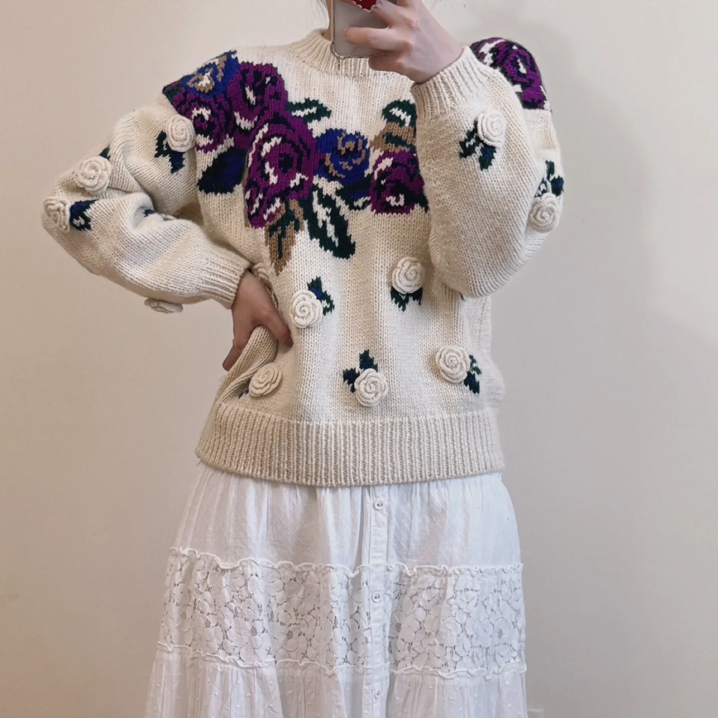 Vintage Ivory & Purple crochet rosettes Knit Sweater image indicator(10)