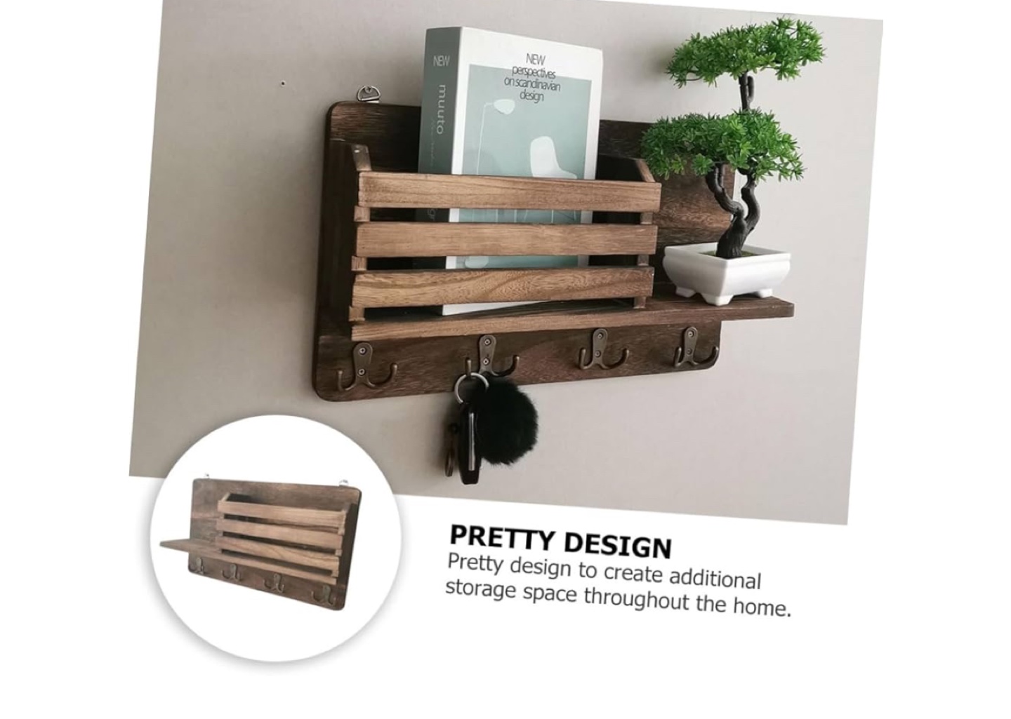 Rustic Wooden Wall Organizer with Hooks and Shelf