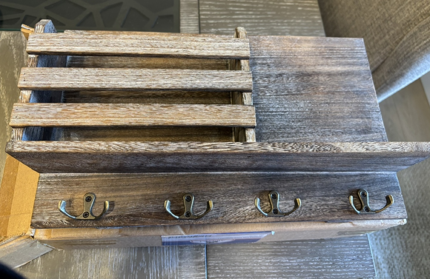Rustic Wooden Wall Organizer with Hooks and Shelf - photo 2