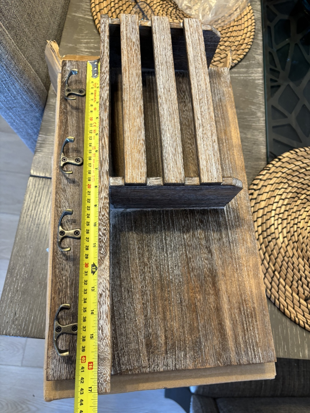 Rustic Wooden Wall Organizer with Hooks and Shelf - photo 3