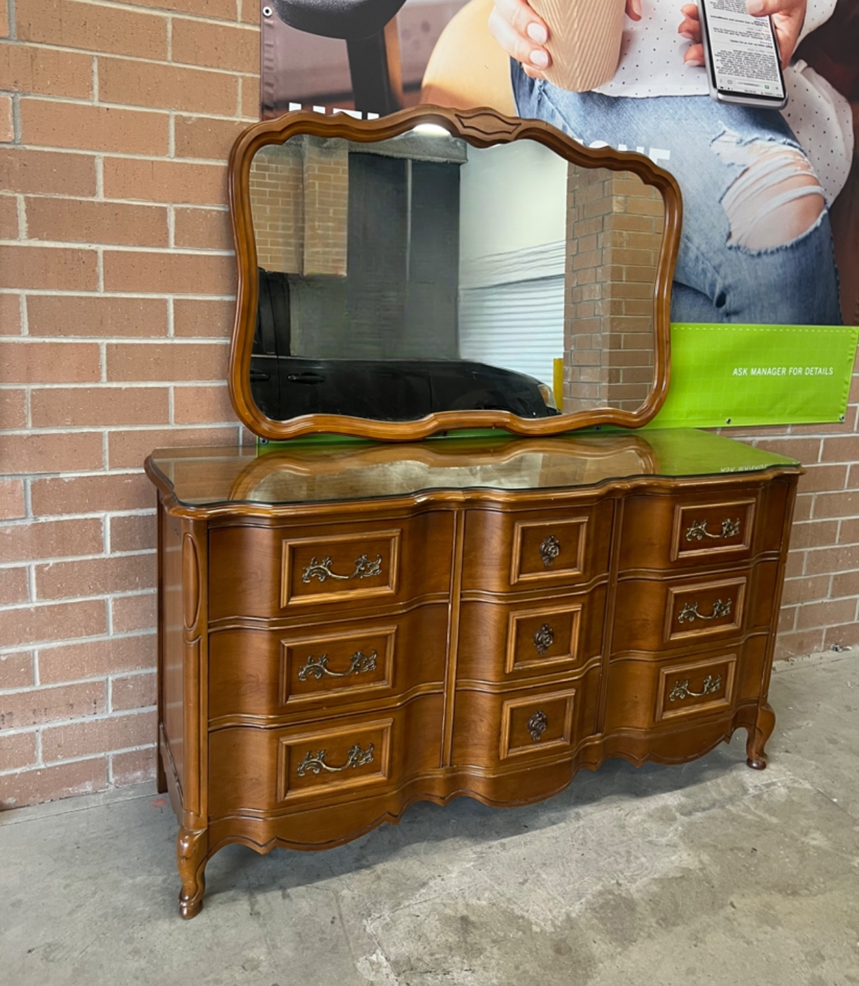 Bassett Furniture Dresser with Mirror and glass top
