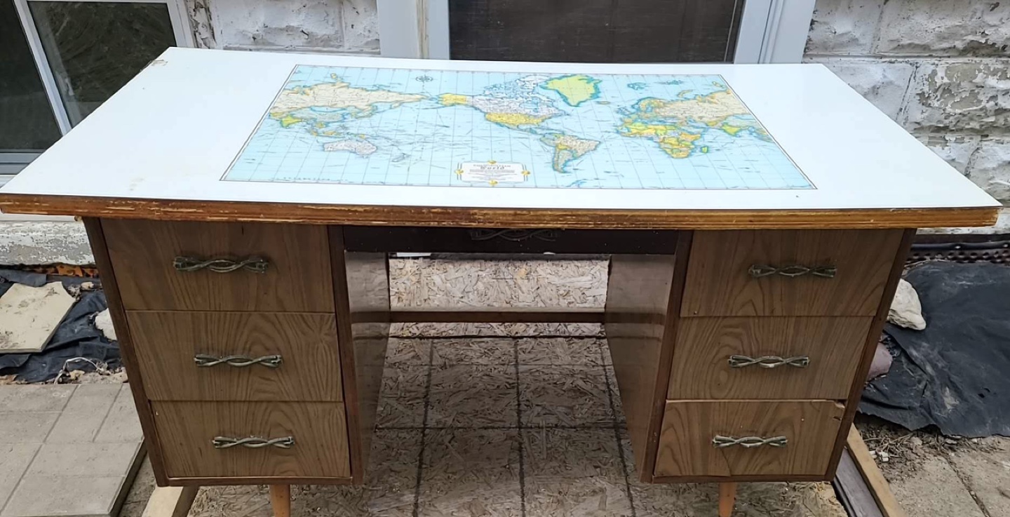 Vintage Desk with World Map Top