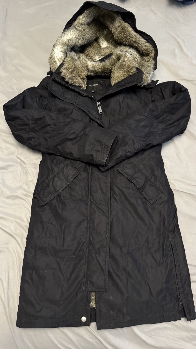Aritzia Babaton Black Longline Parka with Faux Fur Trim