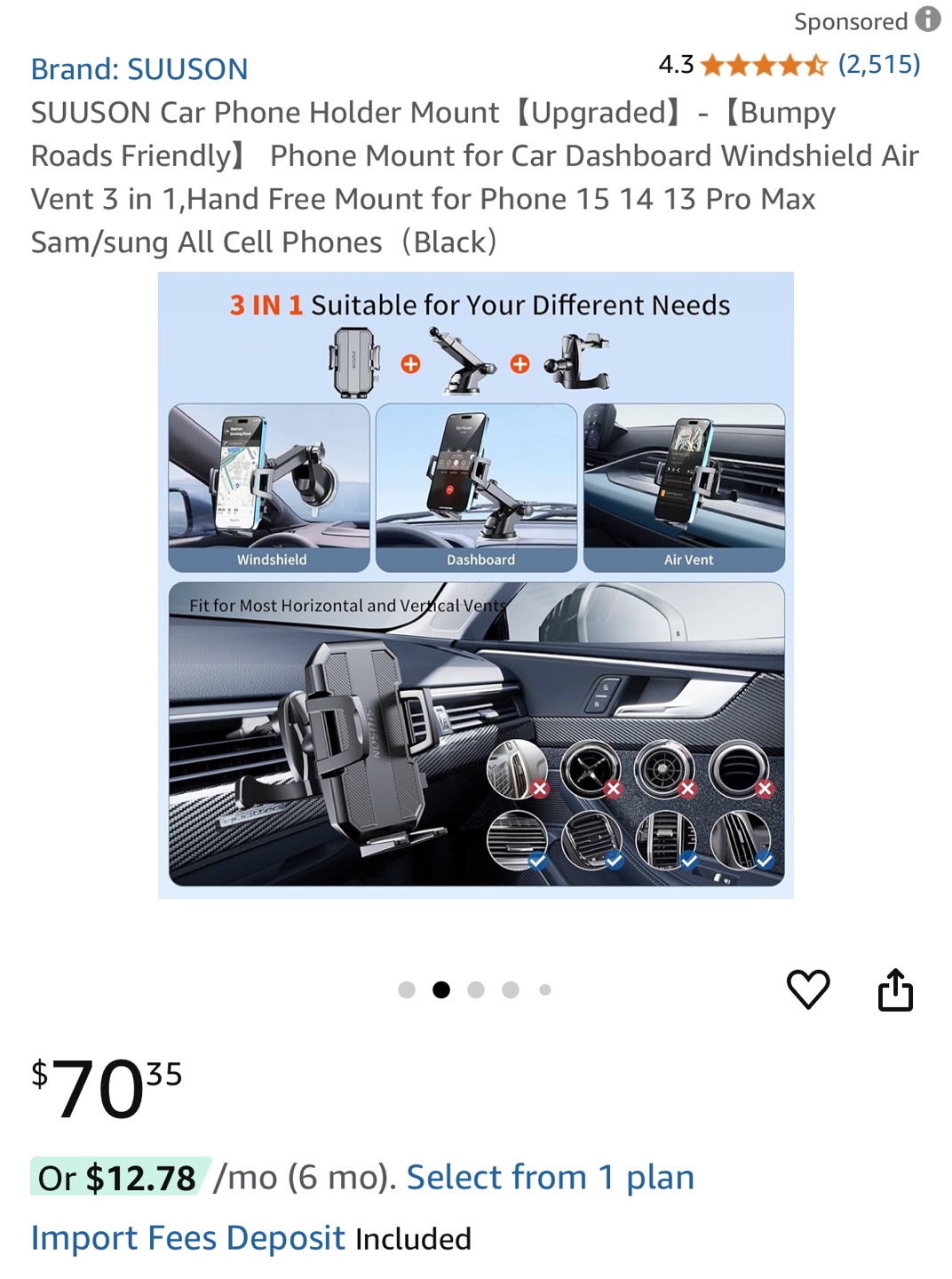 SUUSON Car Mount Holder for Windshield, Dashboard & Air Vent - photo 3