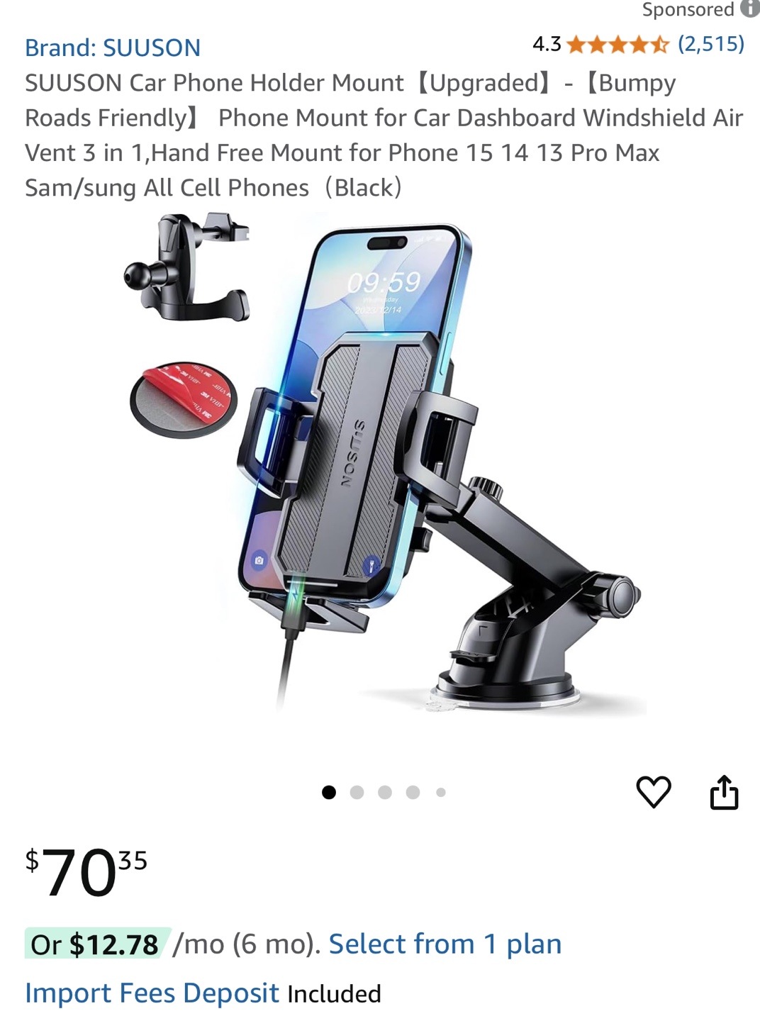 SUUSON Car Mount Holder for Windshield, Dashboard & Air Vent