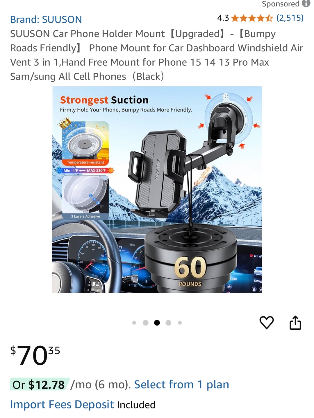 SUUSON Car Mount Holder for Windshield, Dashboard & Air Vent - photo 4