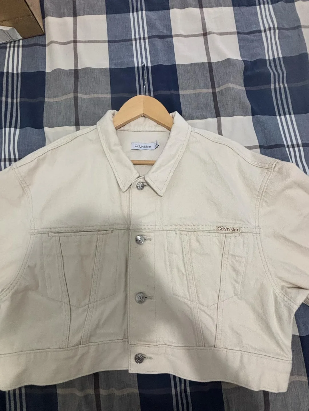 Cream Calvin Klein cropped denim jacket image indicator(2)