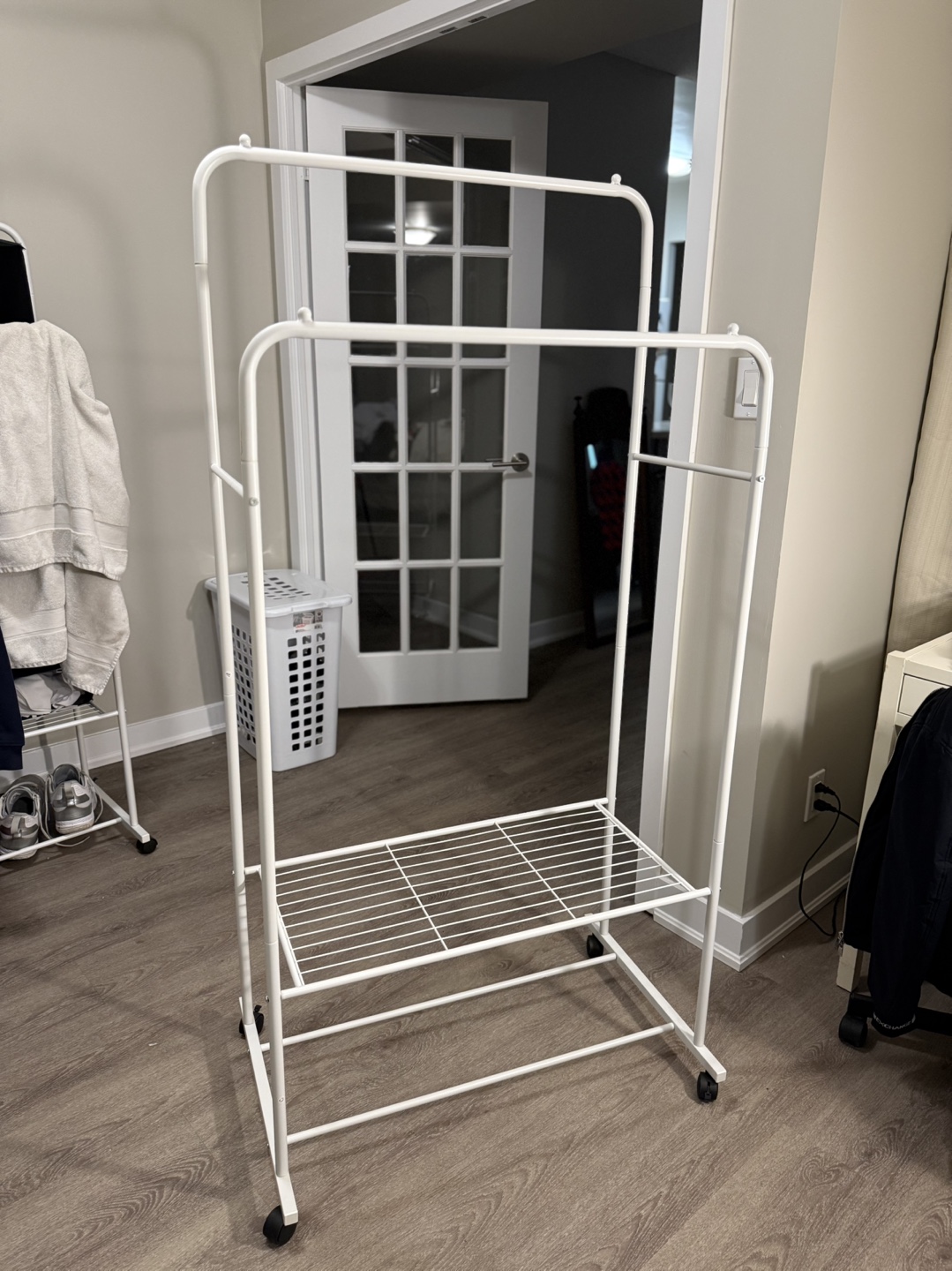 White Metal Clothing Rack with Shelf and Wheels - photo 2