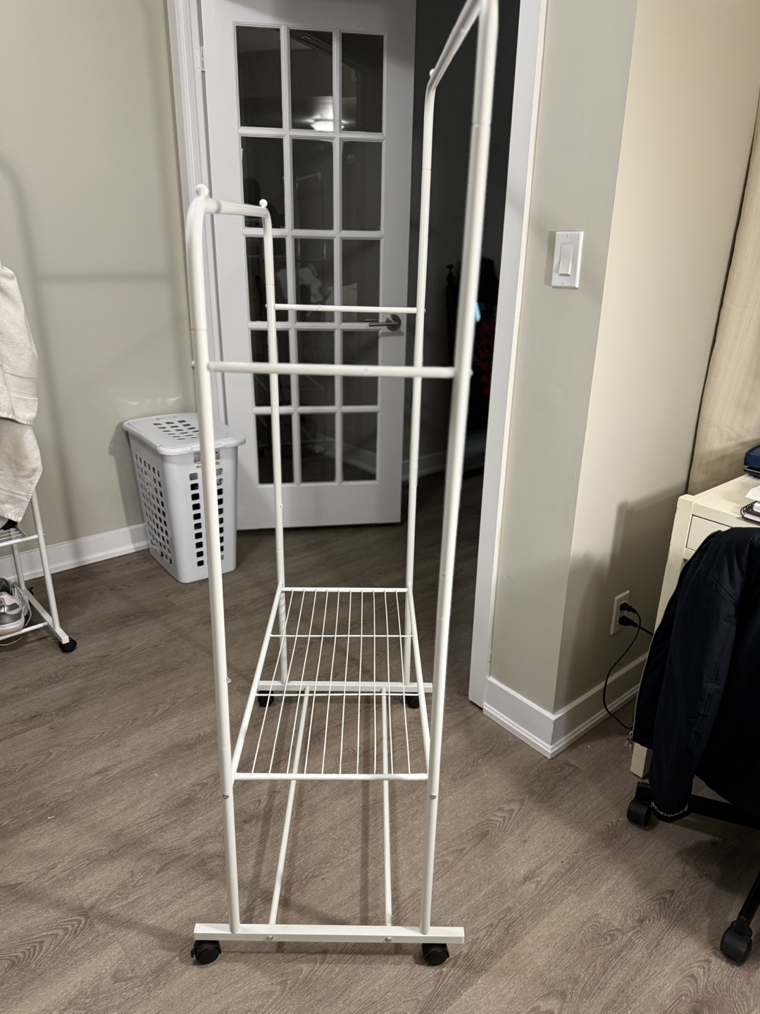 White Metal Clothing Rack with Shelf and Wheels - photo 3