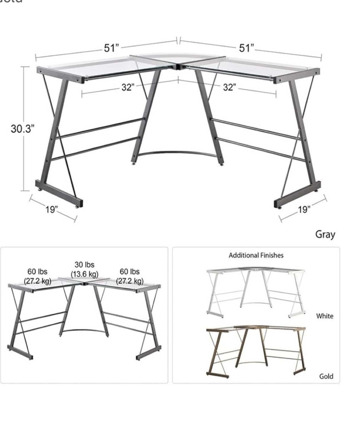 Corner Glass Computer Desk - Gold Metal Frame - photo 3