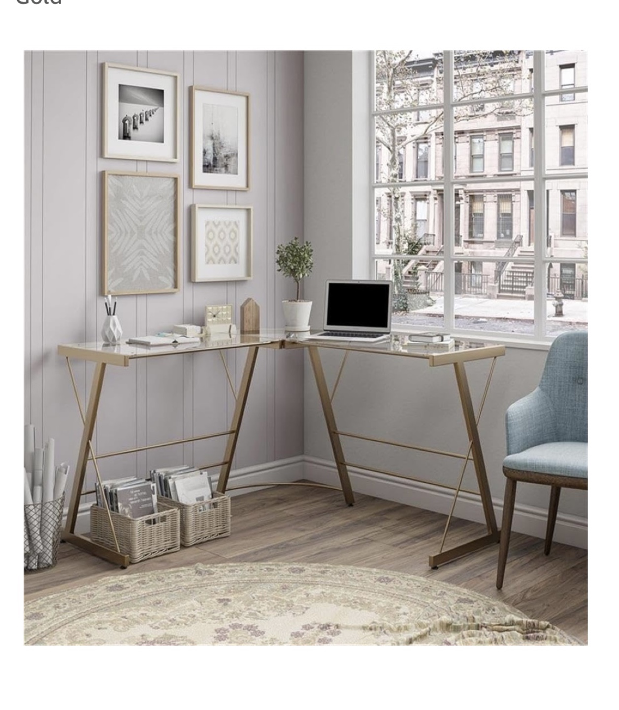 Corner Glass Computer Desk - Gold Metal Frame - photo 2