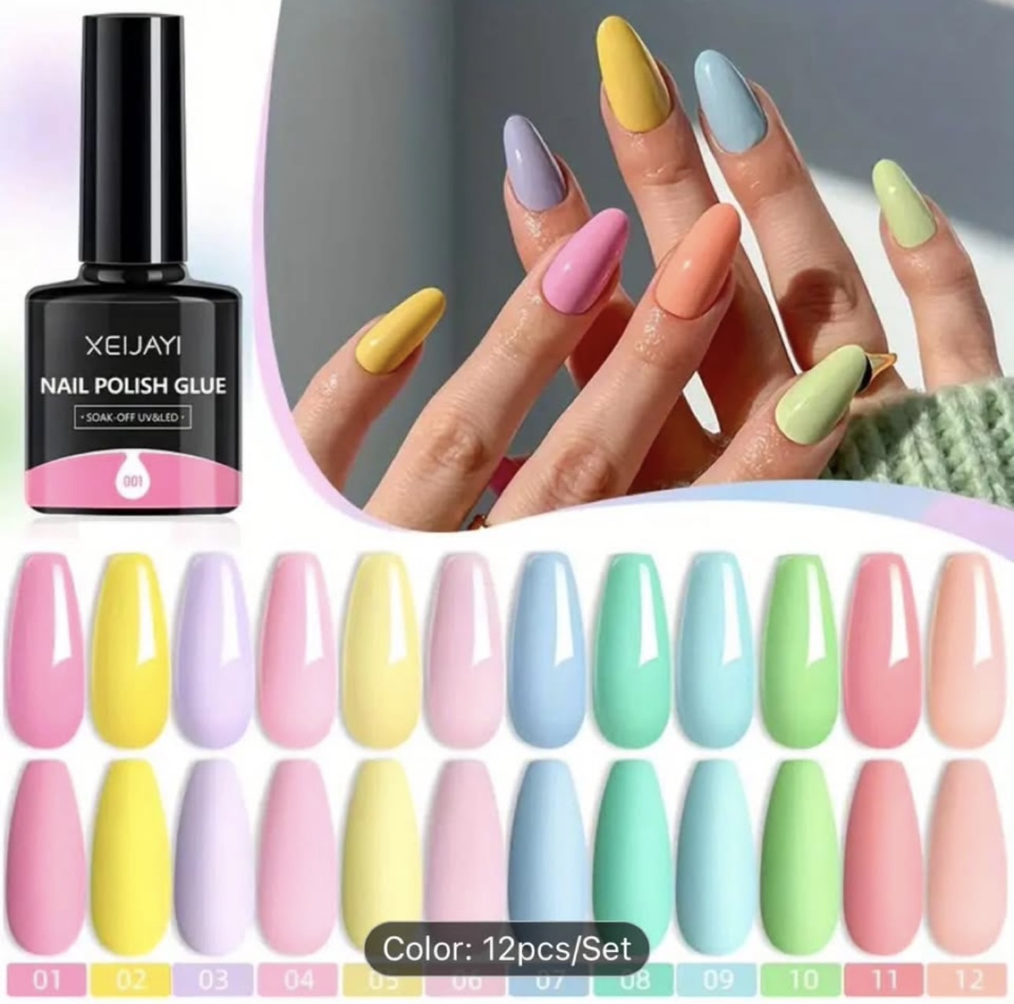 XEIJAYI 12pcs Pastel Nail Polish Gel Soak-Off UV/LED Set