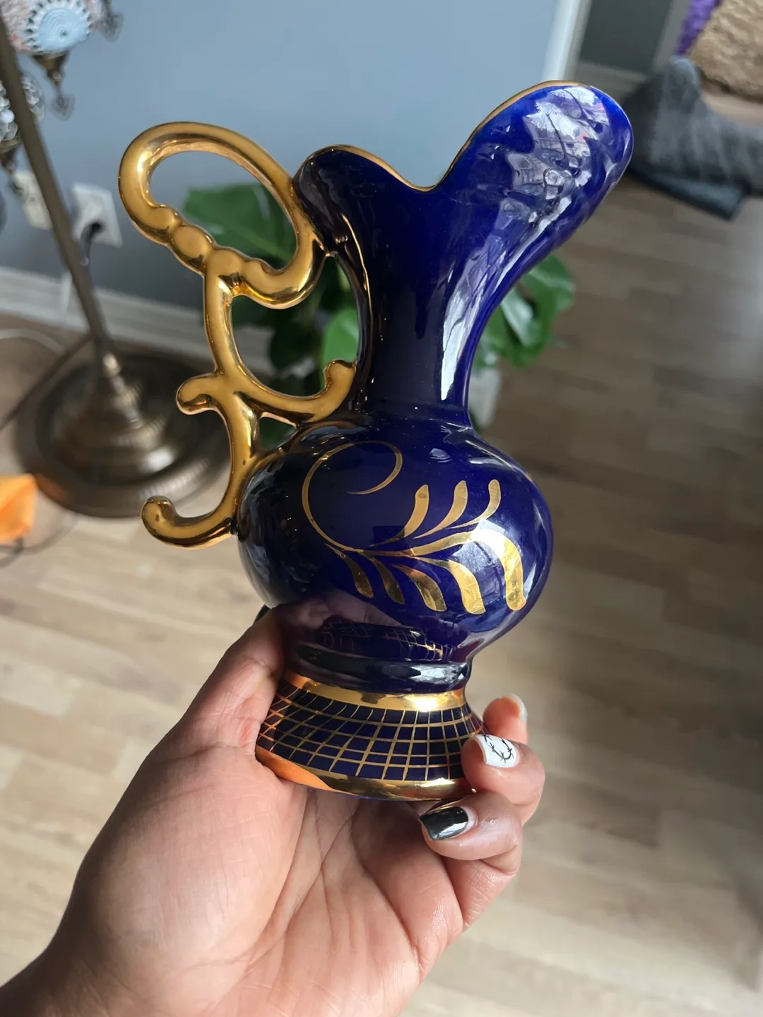 Vintage Gold and Blue Hand-painted Ceramic Pitcher image indicator(3)