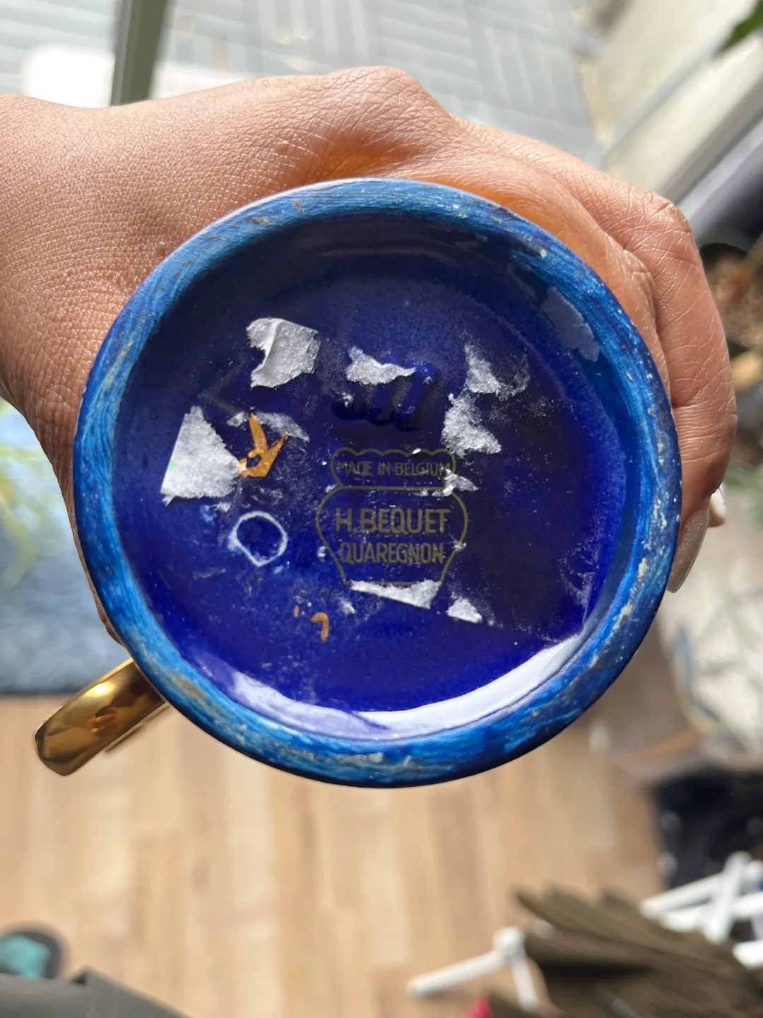 Vintage Gold and Blue Hand-painted Ceramic Pitcher image indicator(2)