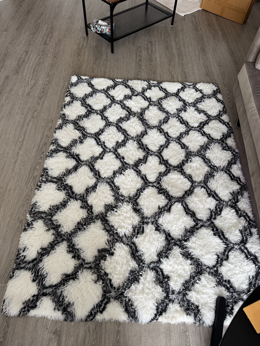 Fluffy Shag Rug, Black and White Geometric Pattern
