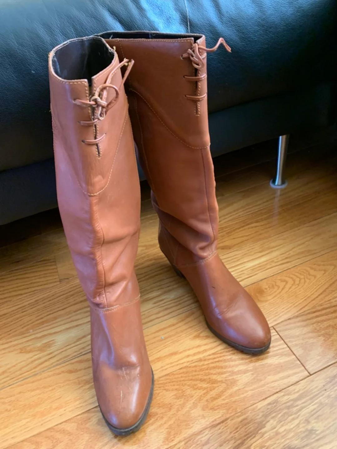 Brown Leather Knee-High Boots with Lace-Up Detail image indicator(2)