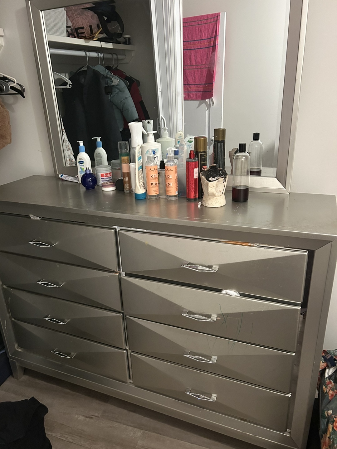 Silver mirrored dresser with eight drawers