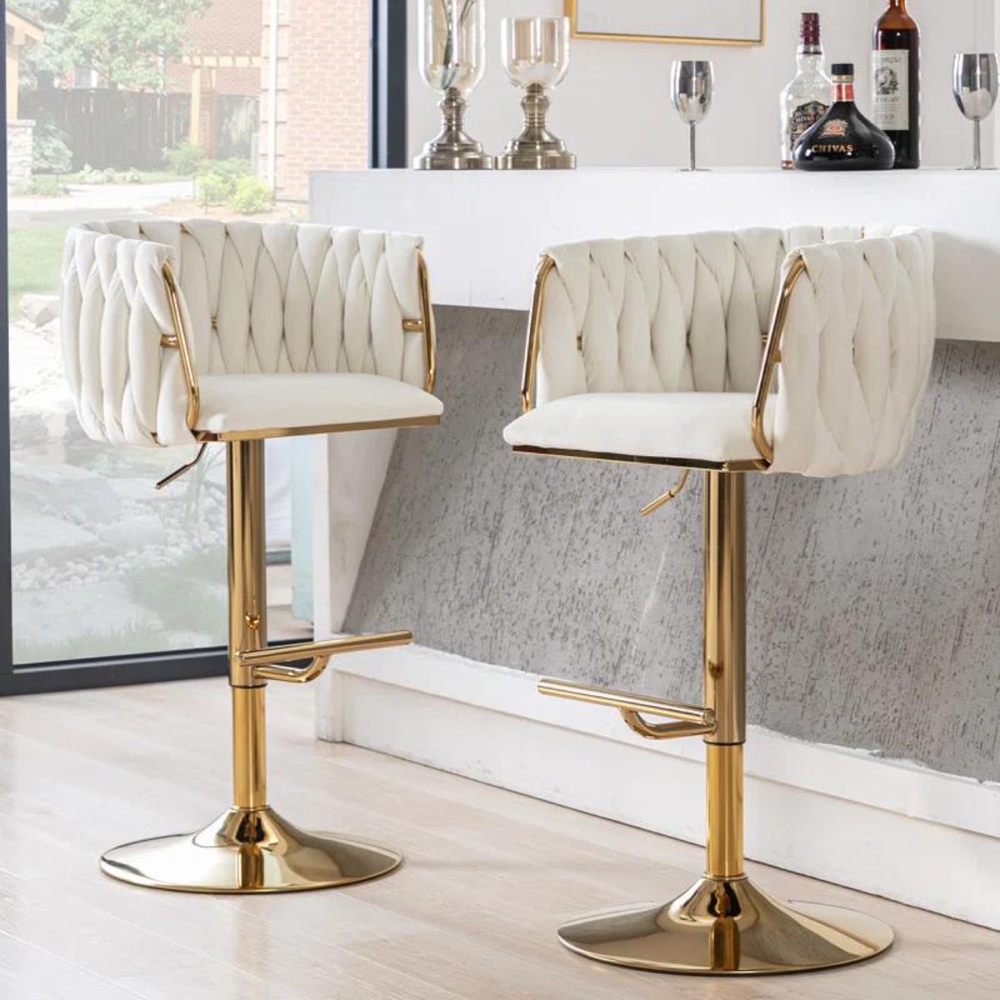 Pair of Gold Metal and White Velvet Bar Stools