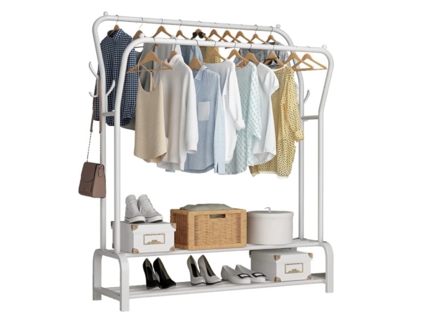 White Metal Double Clothing Rack with Shelf - photo 2