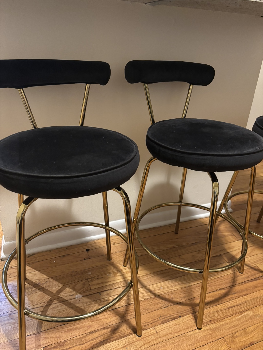 Set of 3 Black Velvet and Gold Bar Stools - photo 2