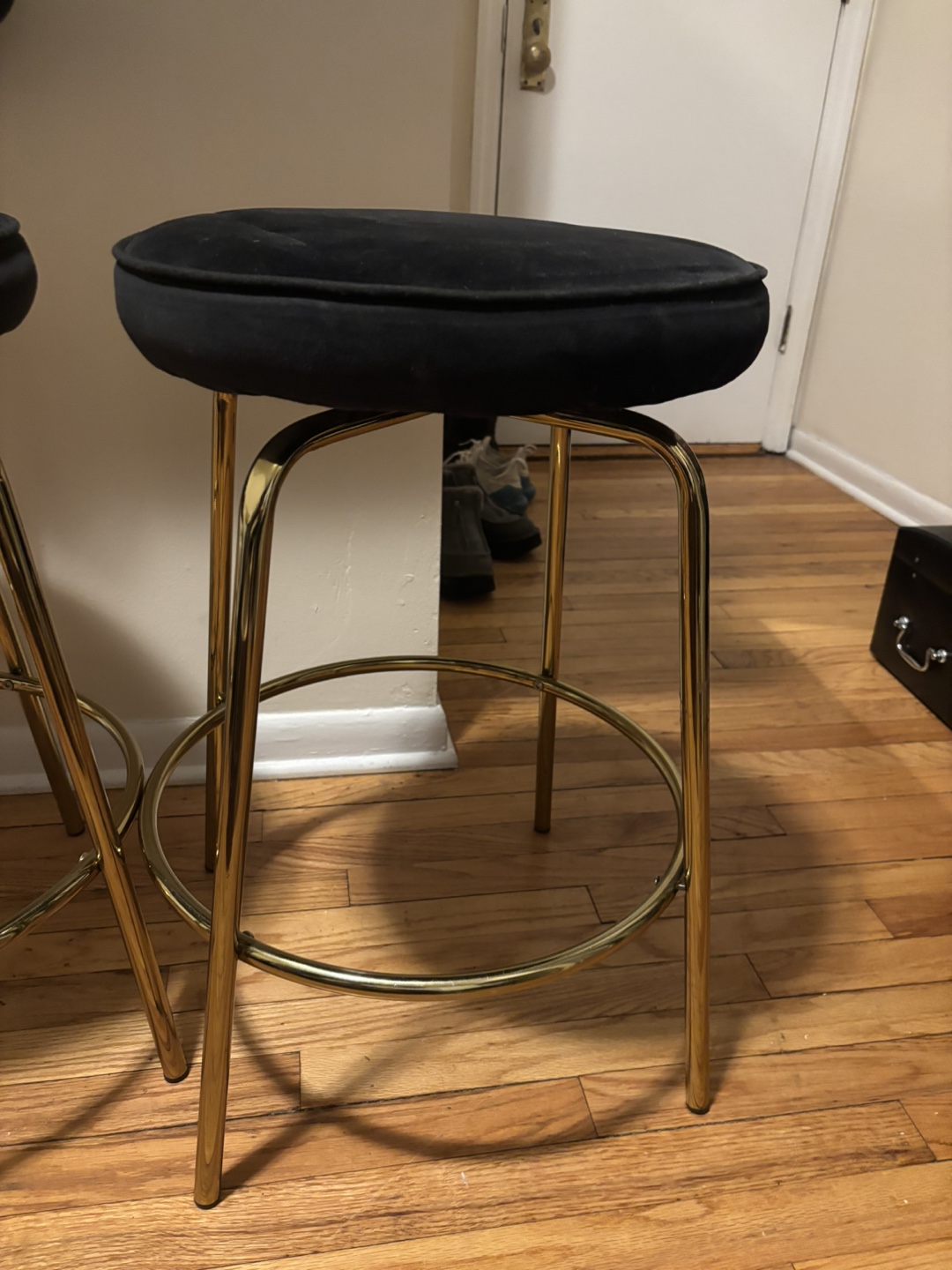Set of 3 Black Velvet and Gold Bar Stools - photo 3