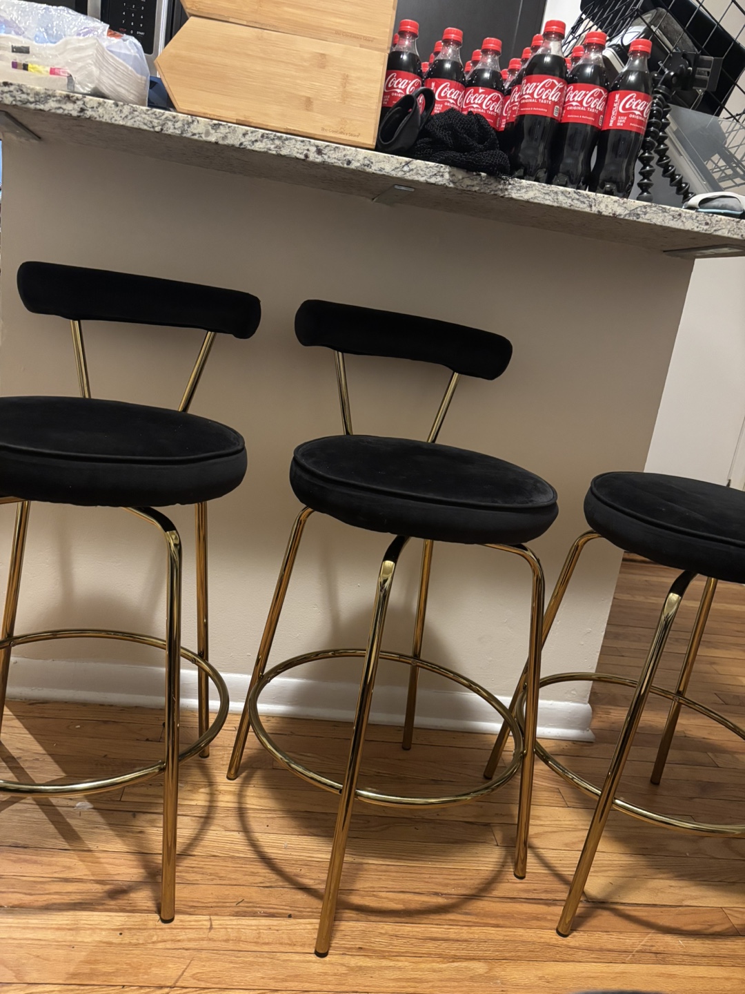 Set of 3 Black Velvet and Gold Bar Stools