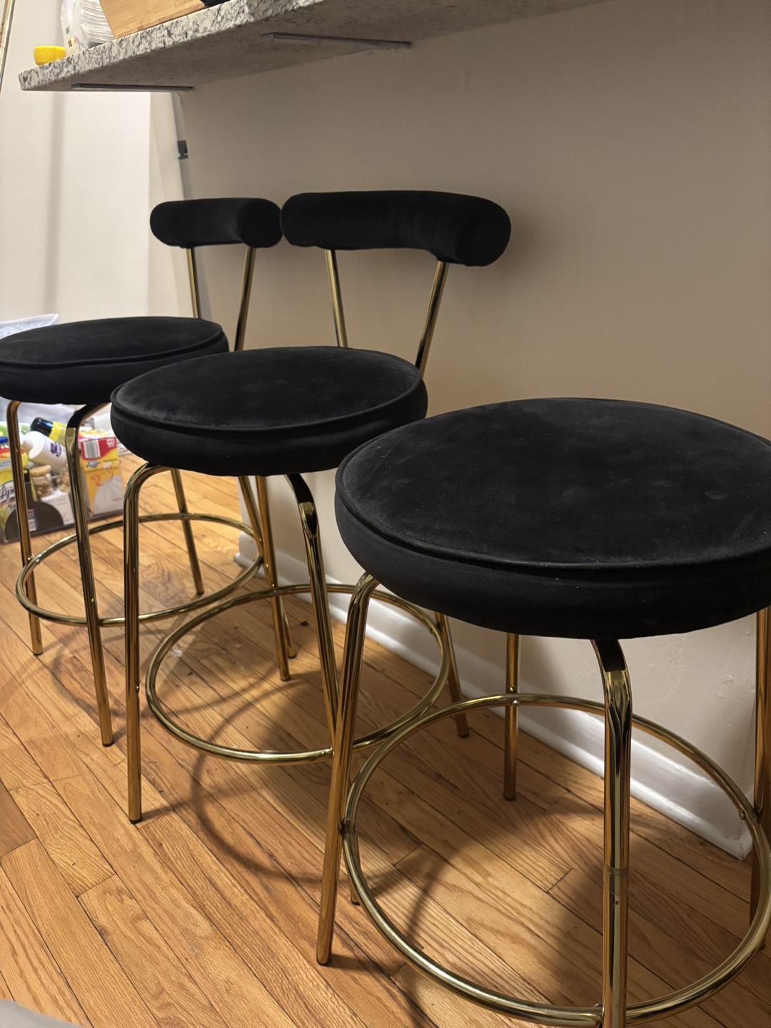 Set of 3 Black Velvet and Gold Bar Stools - photo 5