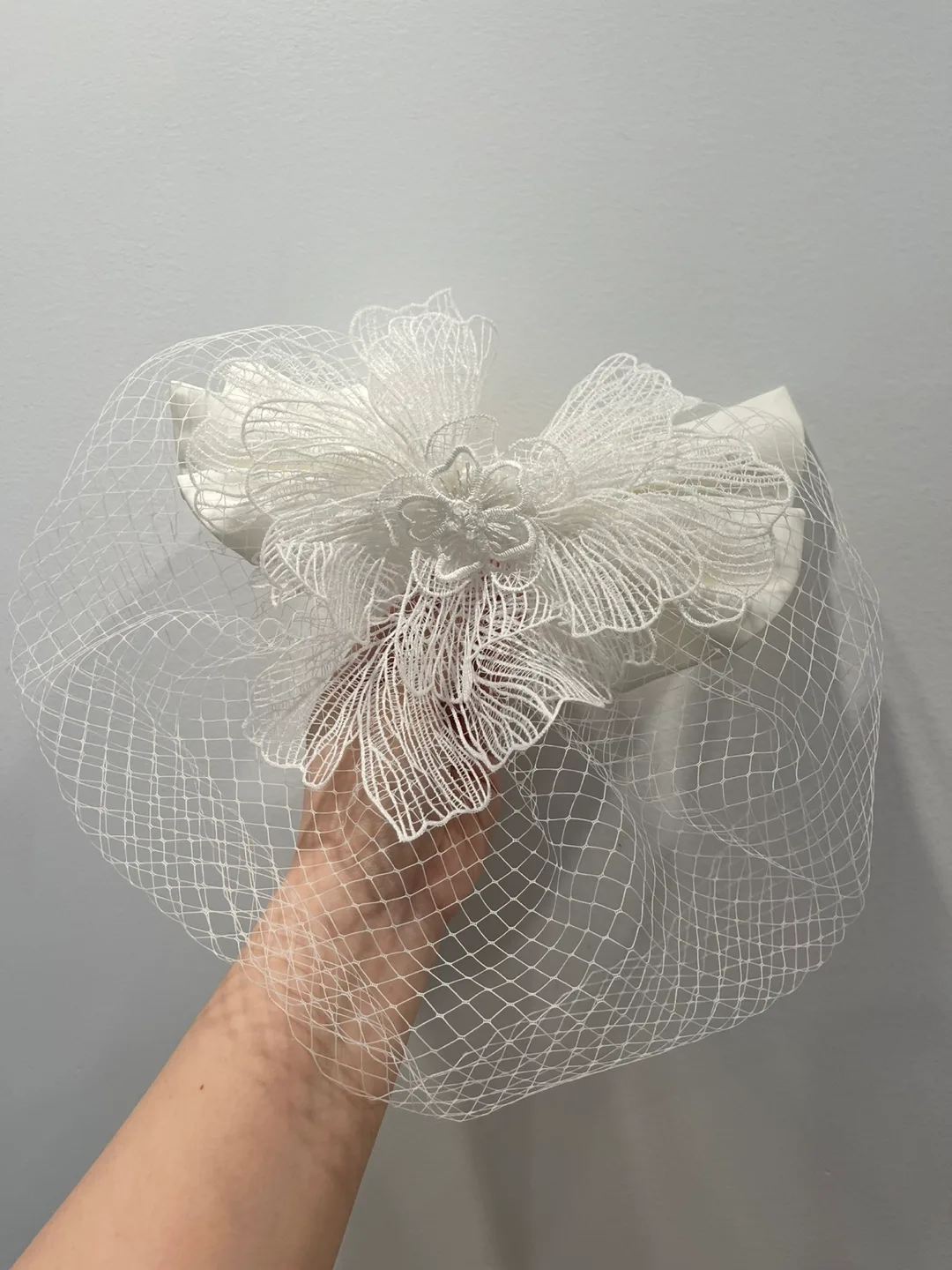 Handmade wedding White Bridal Birdcage Veil with Lace Flower thumbnail