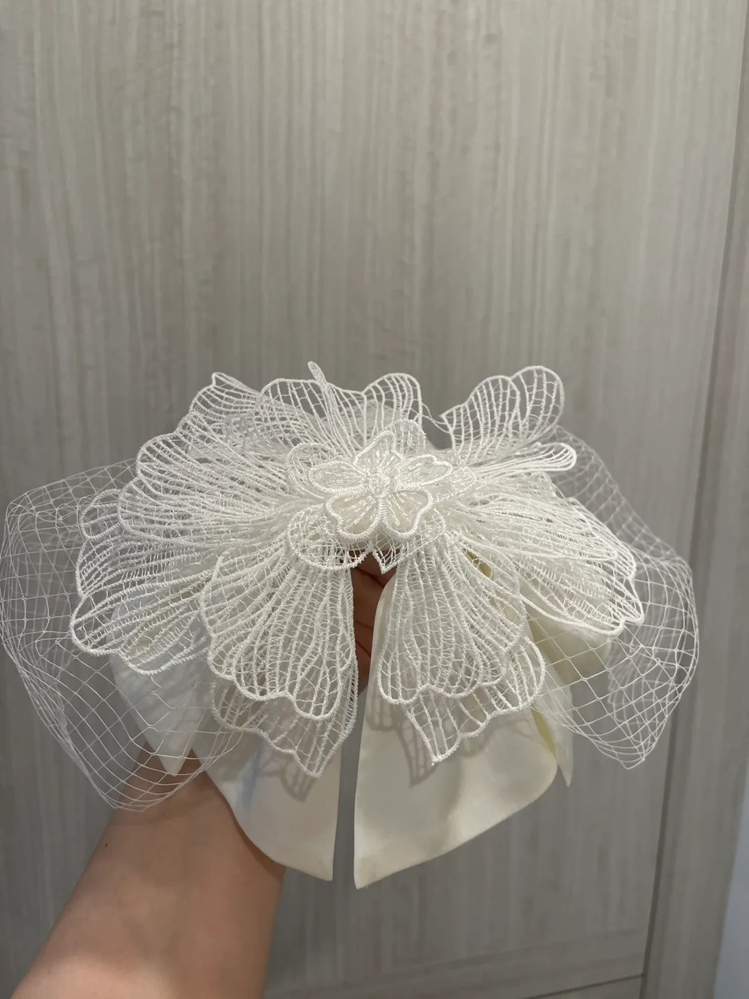 Handmade wedding White Bridal Birdcage Veil with Lace Flower image indicator(7)