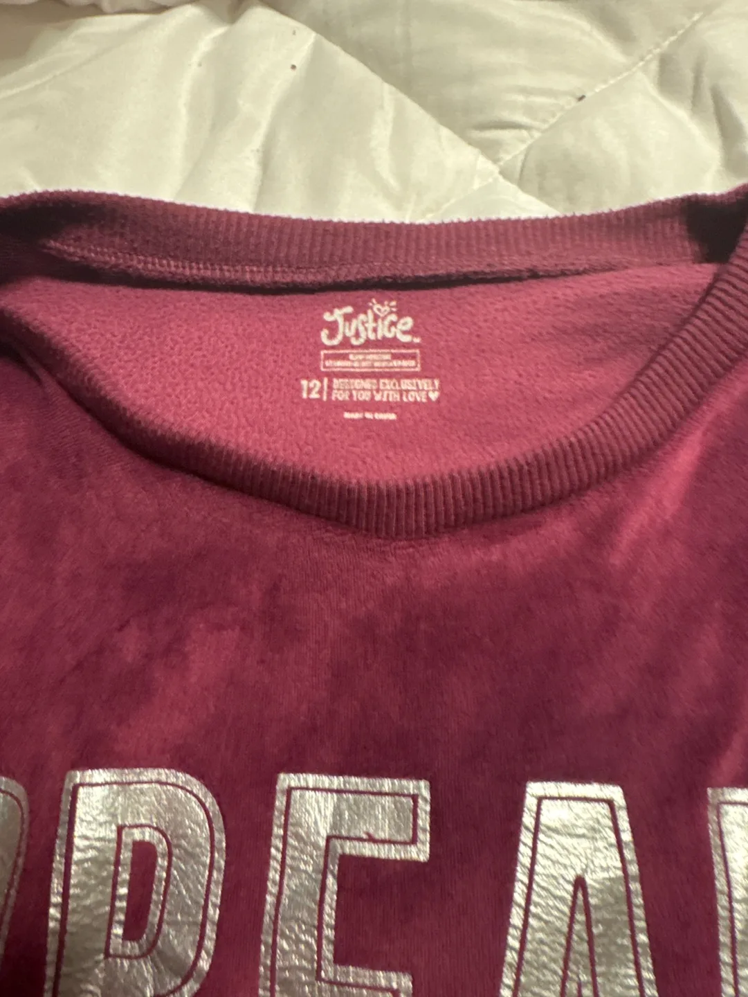 Justice Maroon Velour Dream Crewneck Sweatshirt Size 12 image indicator(2)
