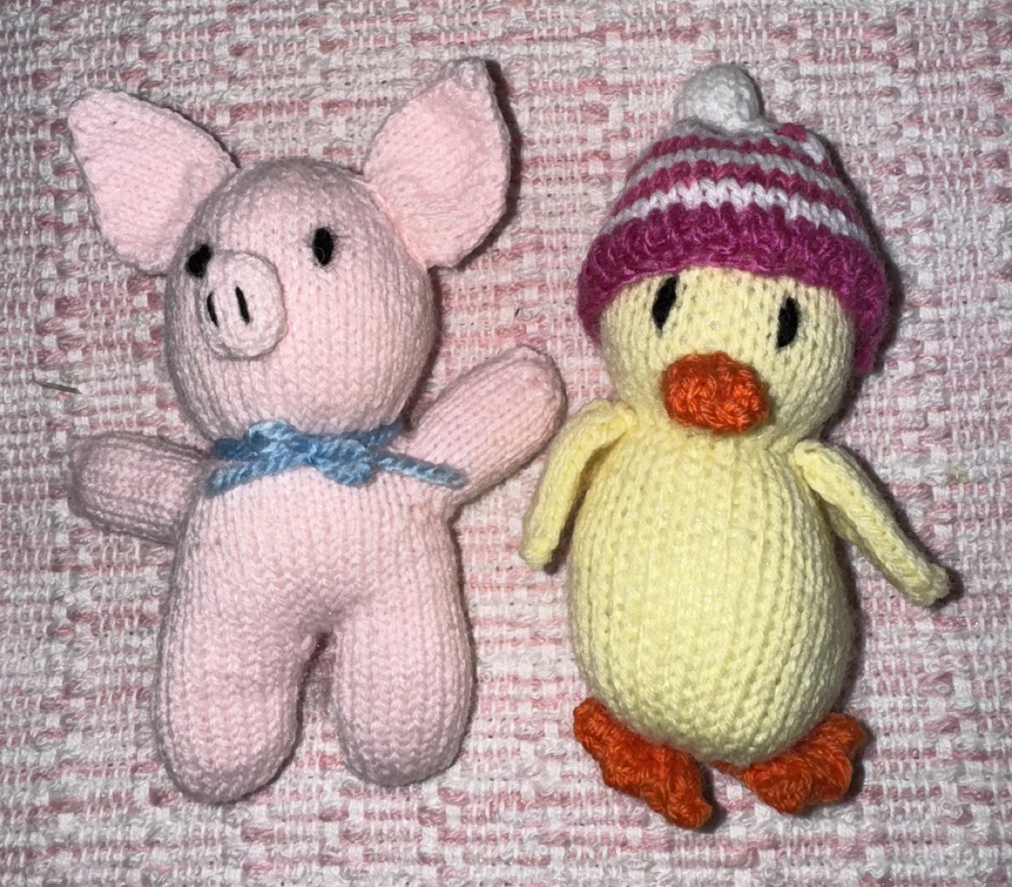 2 Hand-Knitted Pig and Duck Toys for Easter