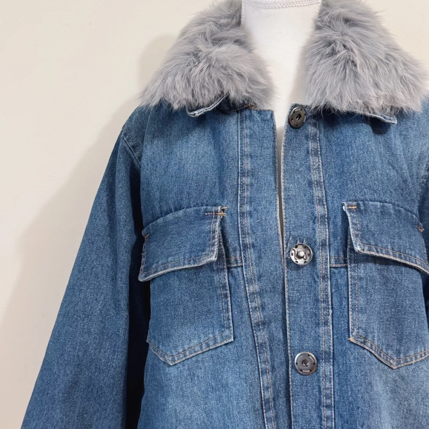 Vintage Denim Jacket with Real Rabbit Fur Collar image indicator(8)