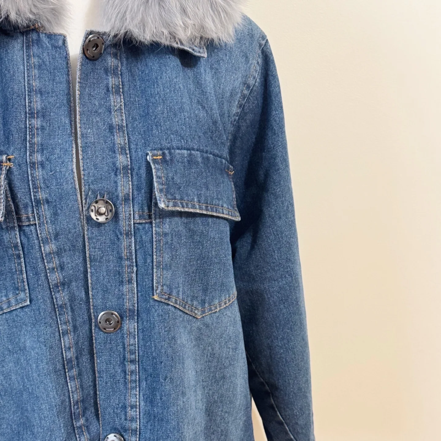 Vintage Denim Jacket with Real Rabbit Fur Collar image indicator(9)