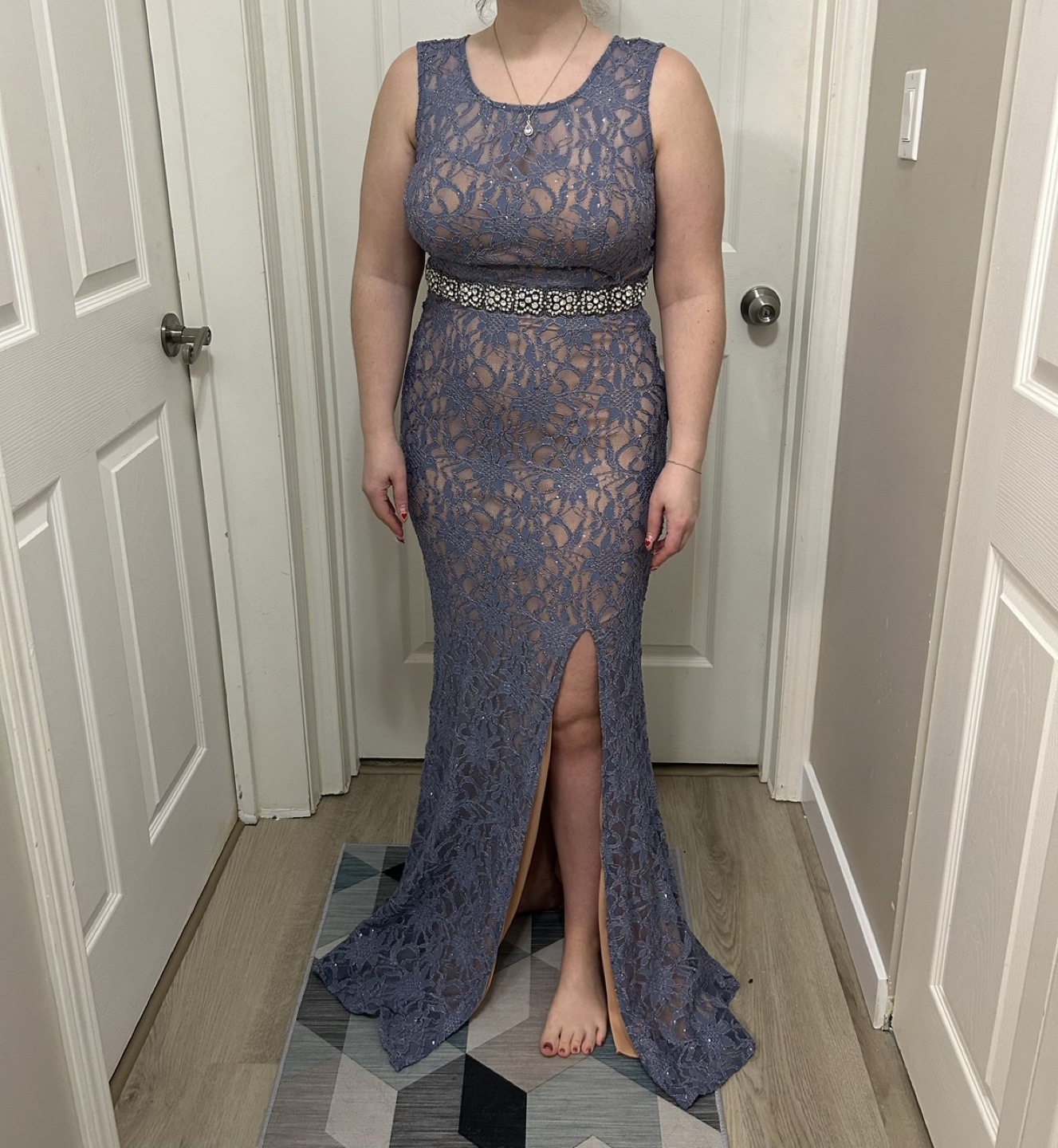 Stunning Periwinkle Lace Formal Gown with Rhinestone Belt