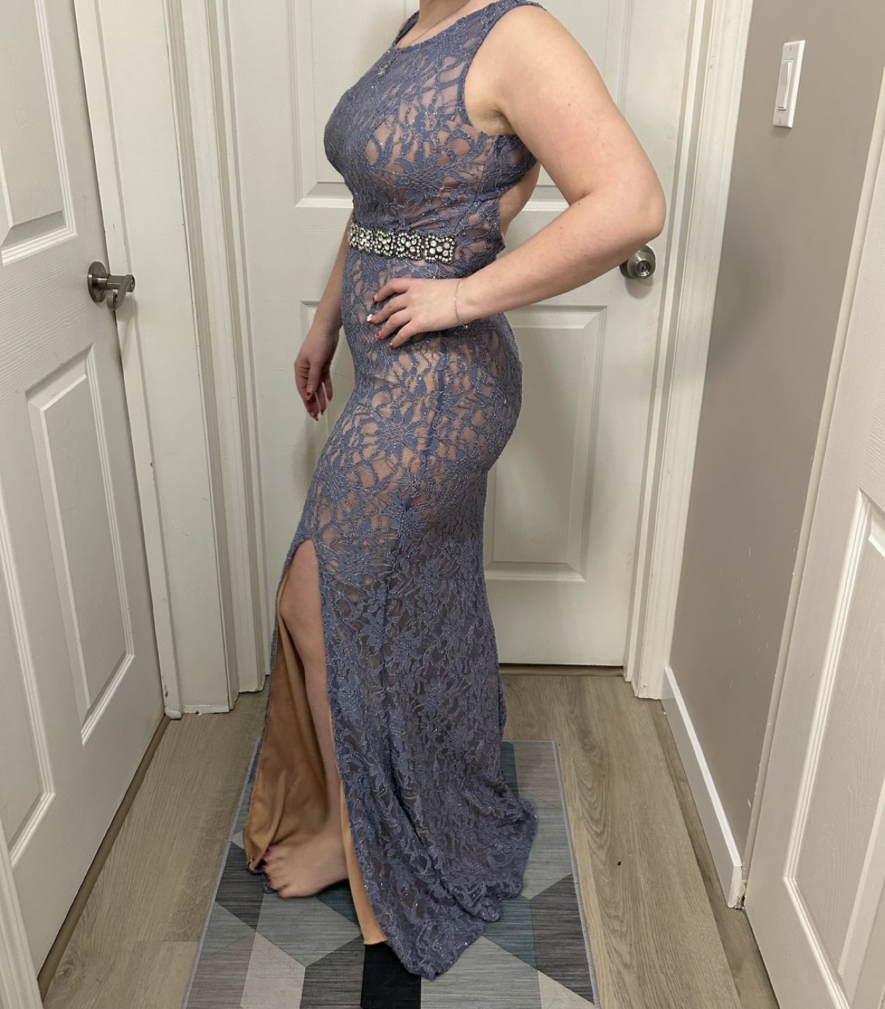 Stunning Periwinkle Lace Formal Gown with Rhinestone Belt - photo 2