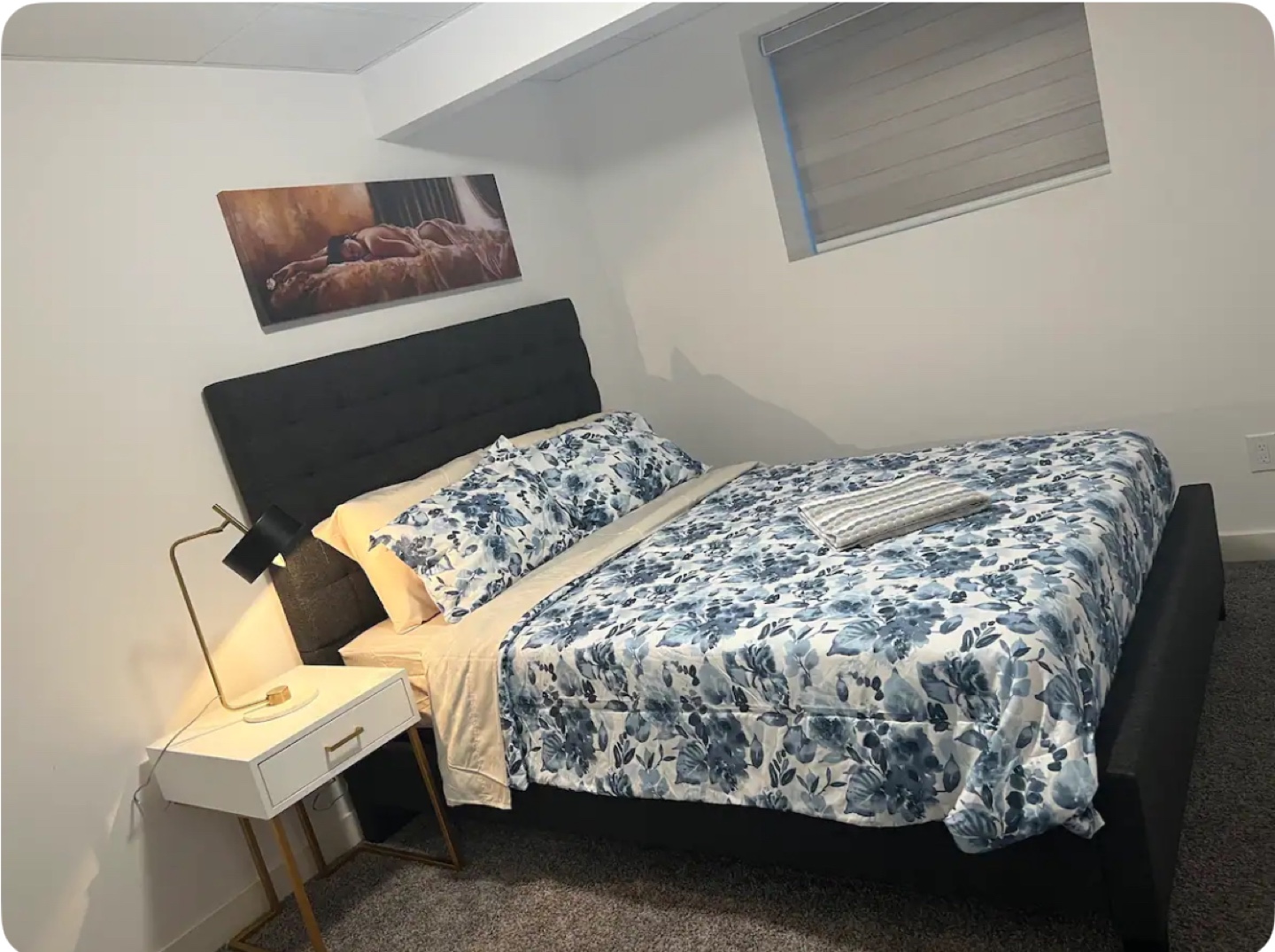 Queen Size Bed Frame with Headboard, side table and lamp