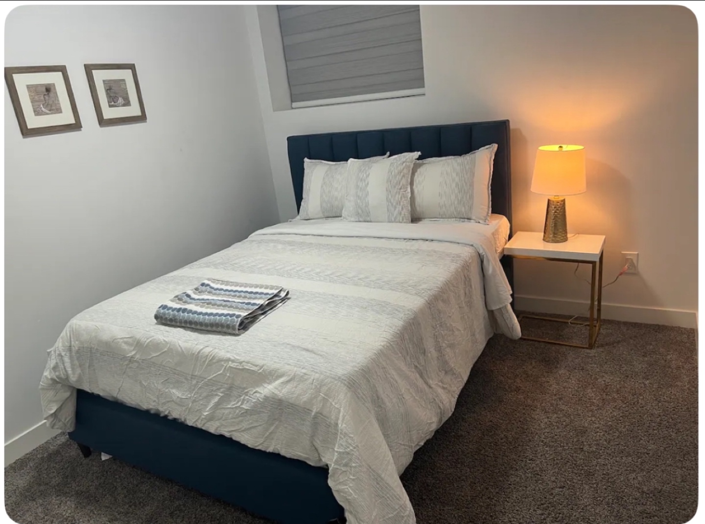 Blue Double Bed Frame, Mattress, Bedside table & lamp