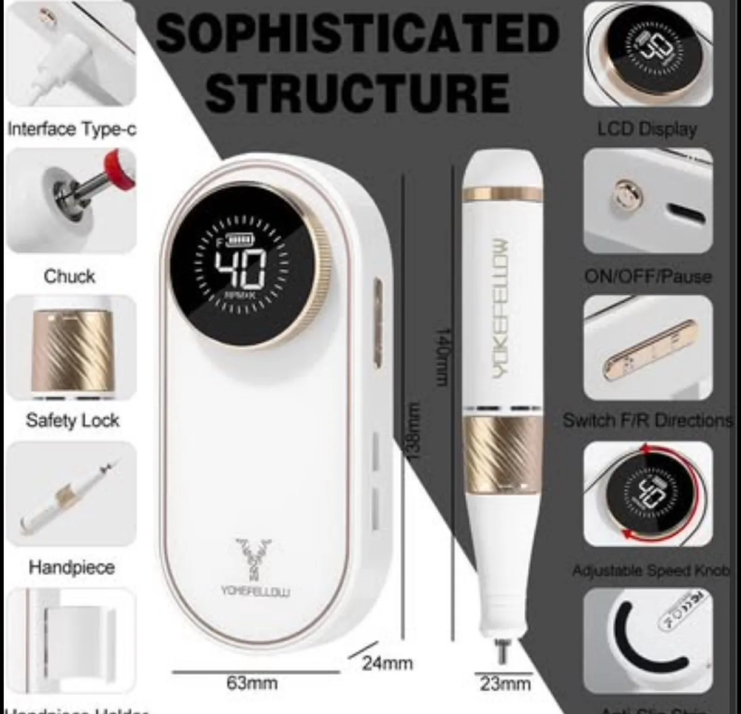 YONEFELLOW Rechargeable Electric Nail Drill Kit image indicator(7)
