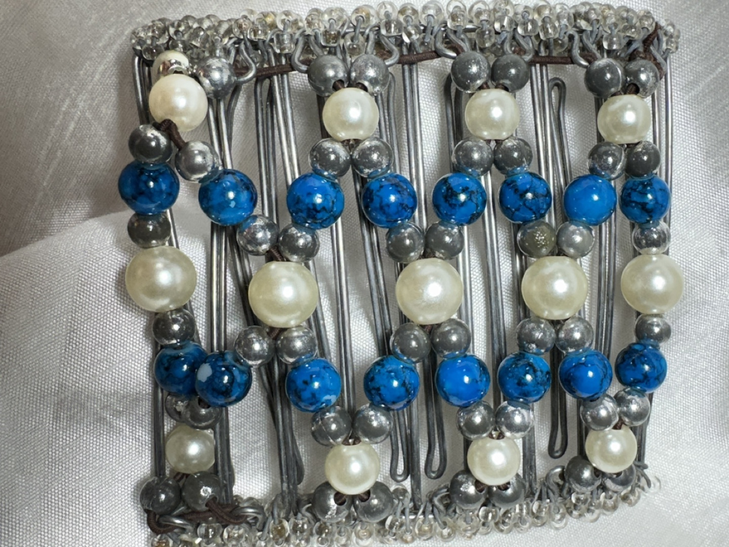 Beaded Hair Clip - Blue, White & Silver