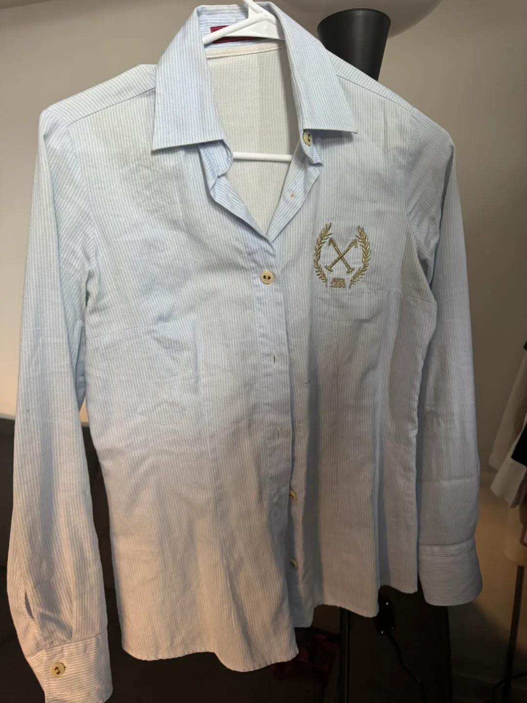 Women's light blue striped long sleeve button-up shirt thumbnail