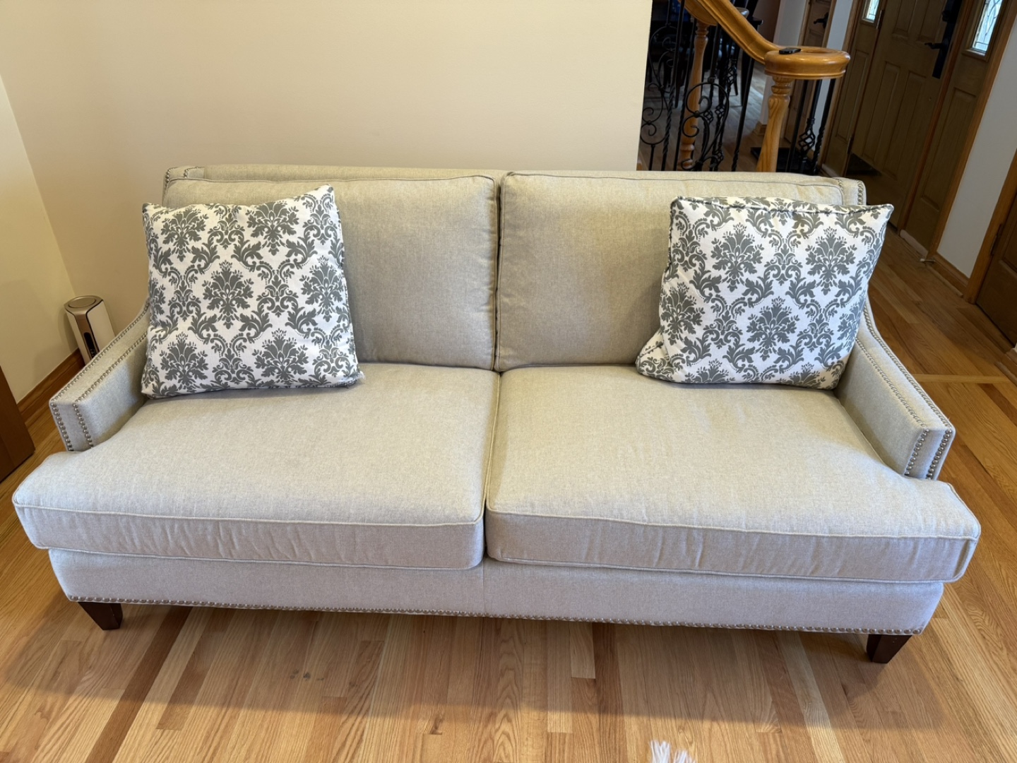 Beige Linen Sofa with Nailhead Trim