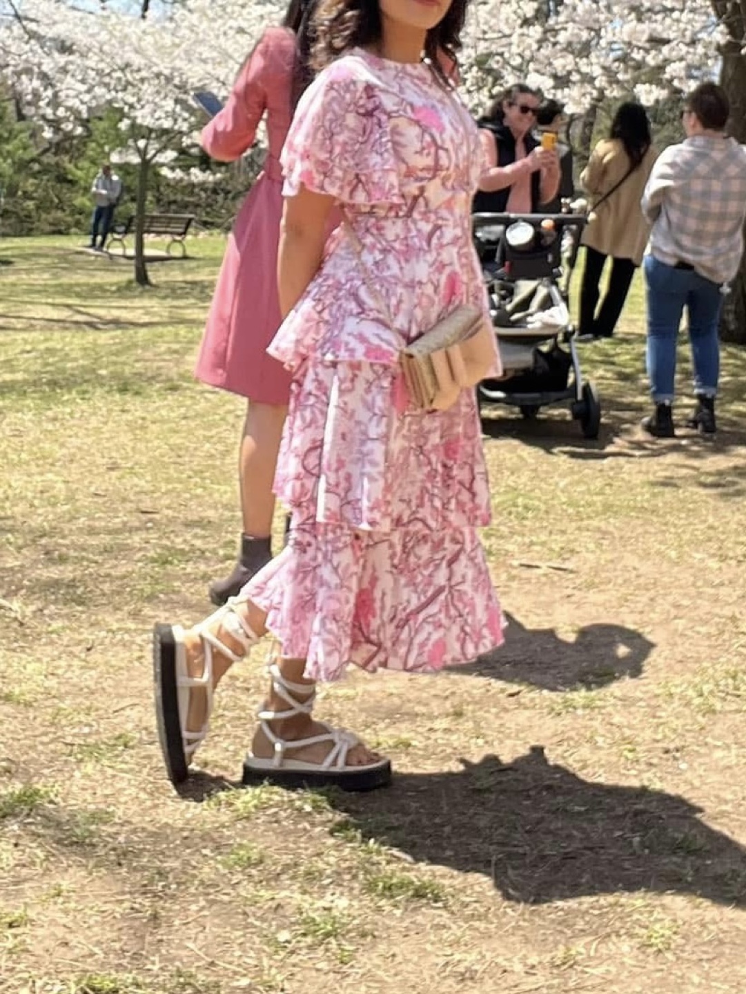 Pink floral tiered midi dress