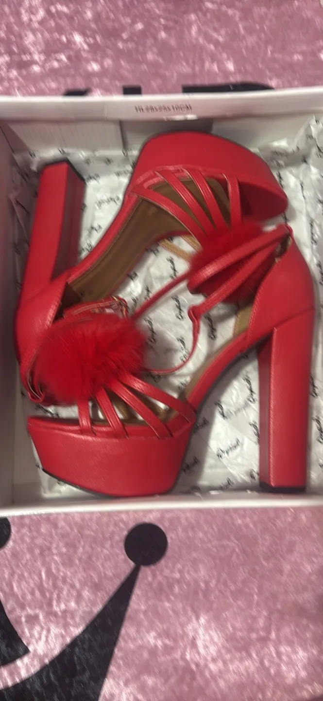 Red Platform Heels with Pom Pom Detail thumbnail