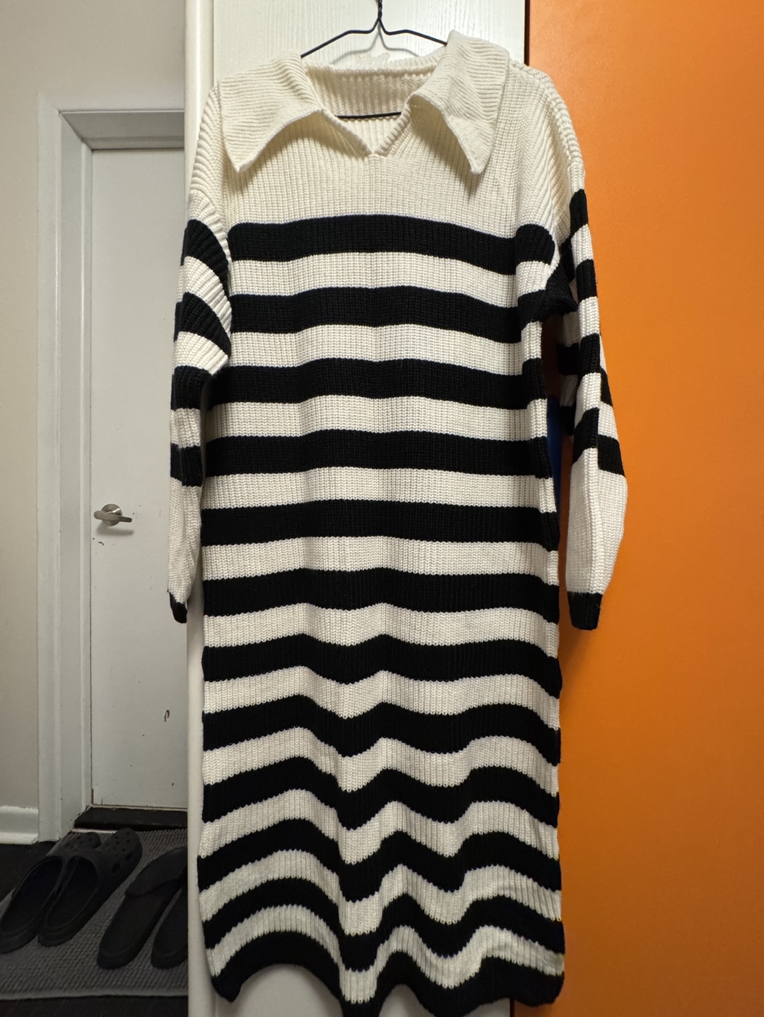 Black and White Striped Knit Sweater Dress