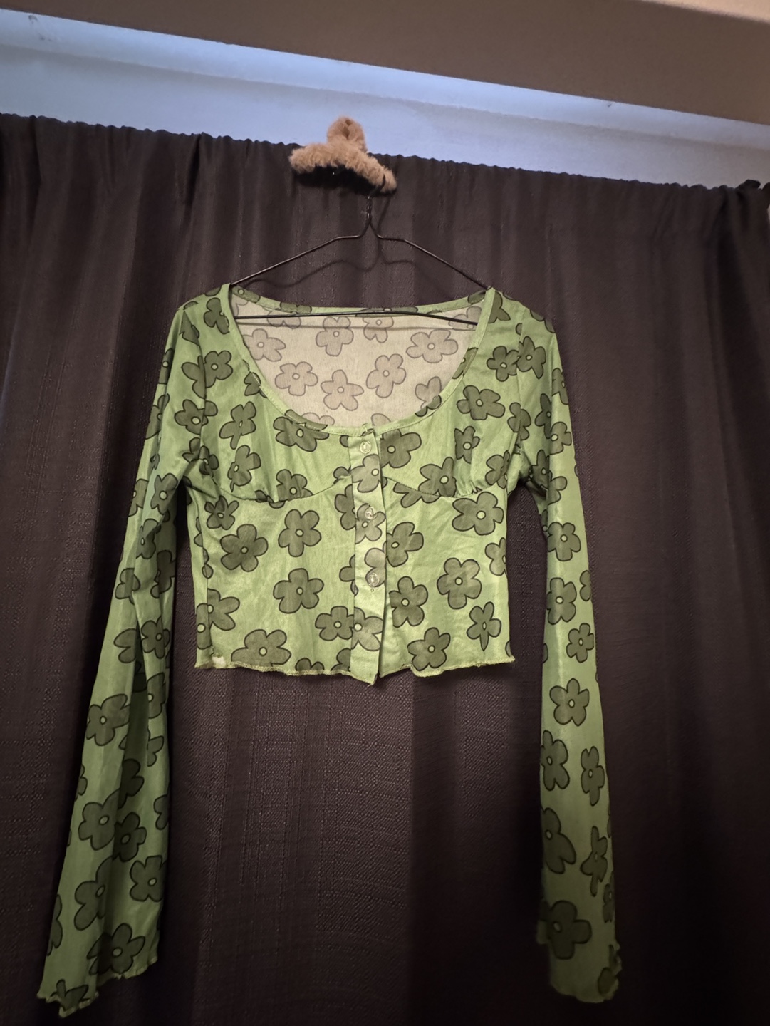Lime Green Floral Mesh Long Sleeve Crop Top