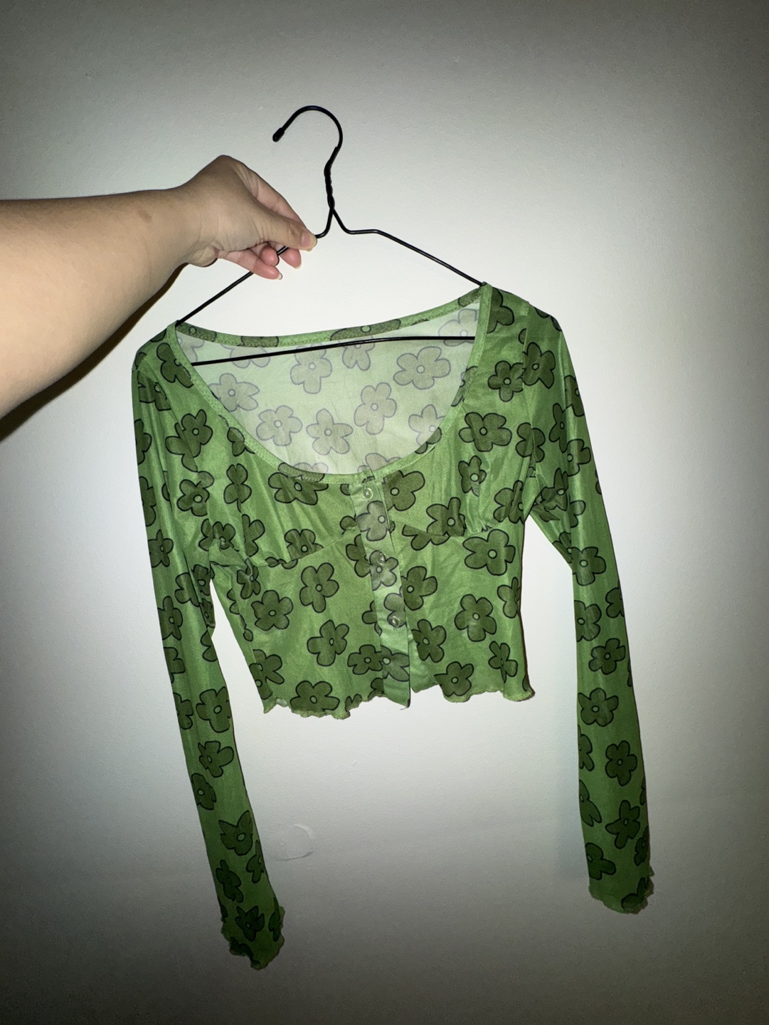 Lime Green Floral Mesh Long Sleeve Crop Top - photo 2