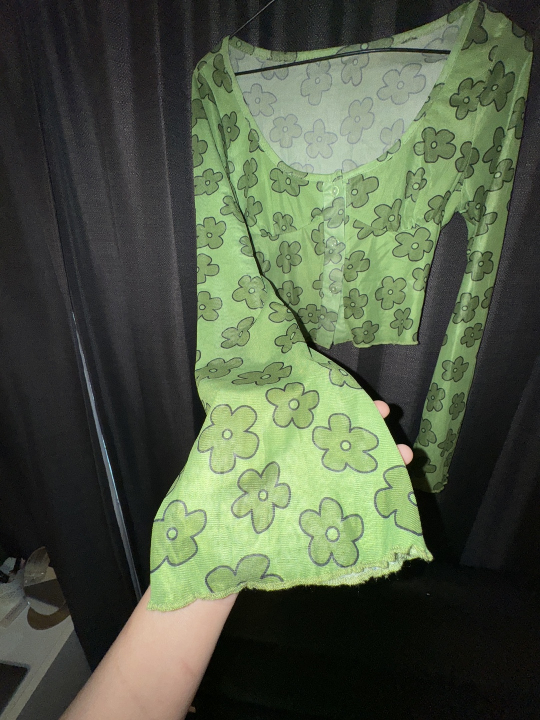 Lime Green Floral Mesh Long Sleeve Crop Top - photo 3