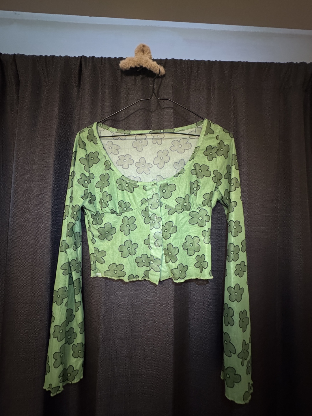 Lime Green Floral Mesh Long Sleeve Crop Top - photo 5